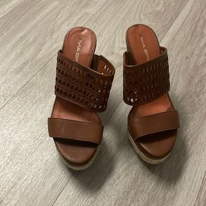 Via spiga brown leather double strap platform wedges 1.5” platform 4.5” heel